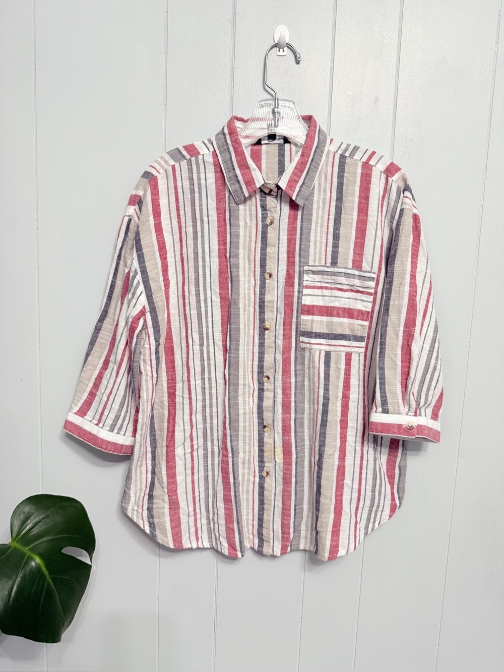#1)  Unique Spectrum Cotton Red and Gray Striped Casual Button-Down Shirt